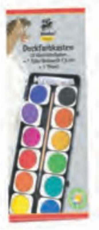 Deckfarbkasten, 12 Farben mit Pinsel und Deckweiß, auswechselbare eckige Farbnäpfe.