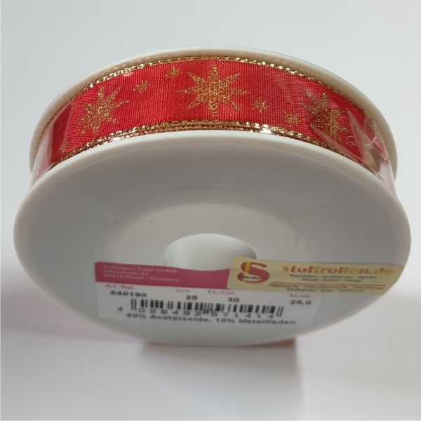 Geschenkband rot mit Sterne gold, 25 mm, 25 m
