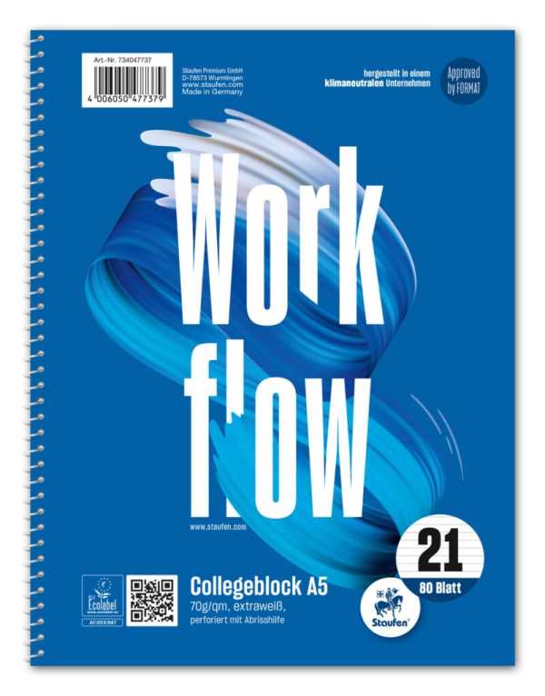 10 x Style Collegeblock Workflow 21 A4 80 Blatt 70g/qm 9mm liniert 4-Loch